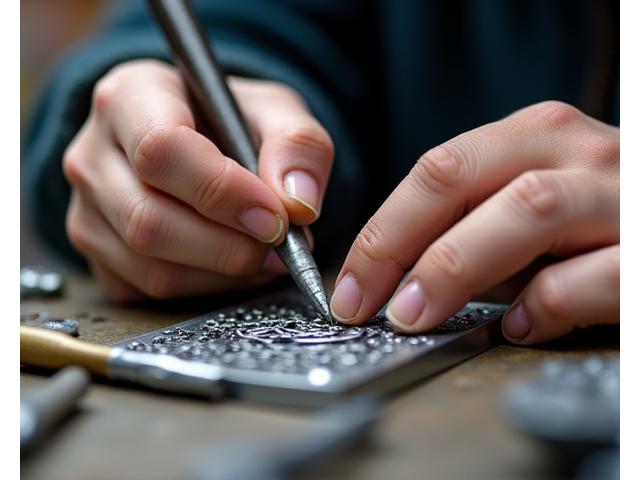 作業中の職人の手と半完成の金属作品