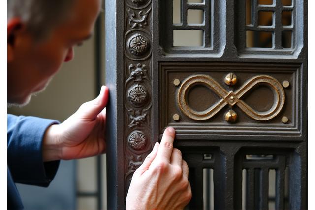 古びた金属製の門扉を細部にわたり修復している熟練の職人
